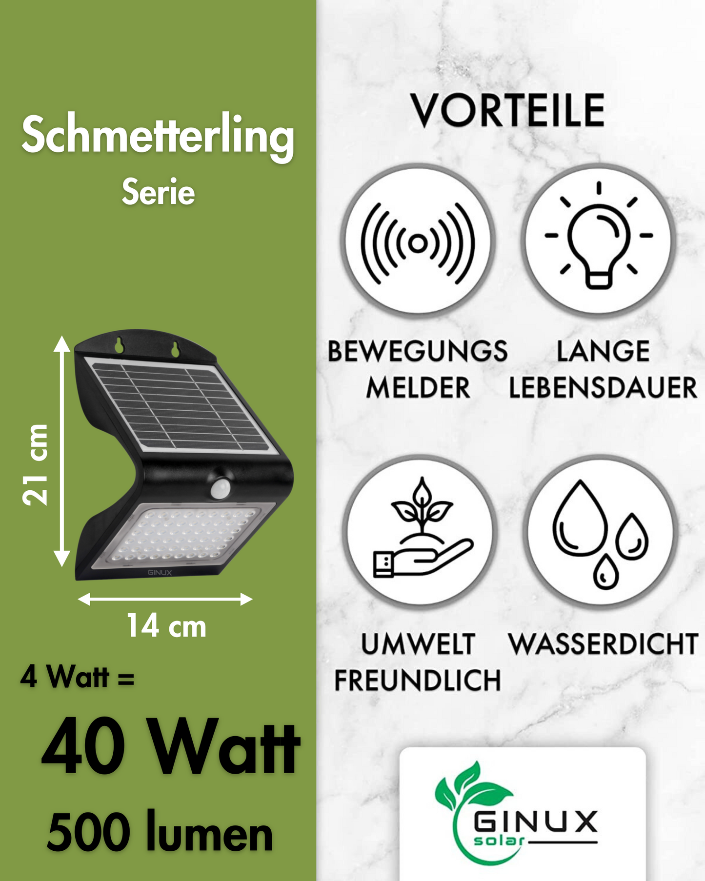 GINUX® Schmetterling 40W Solarlampen für außen mit Bewegungsmelder (Schwarz)